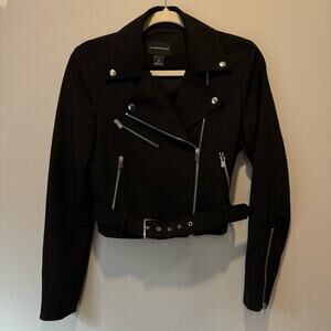 Club Monaco Lacarrah Black Moto Cropped Fabric Jacket Windbreaker w Belt Small